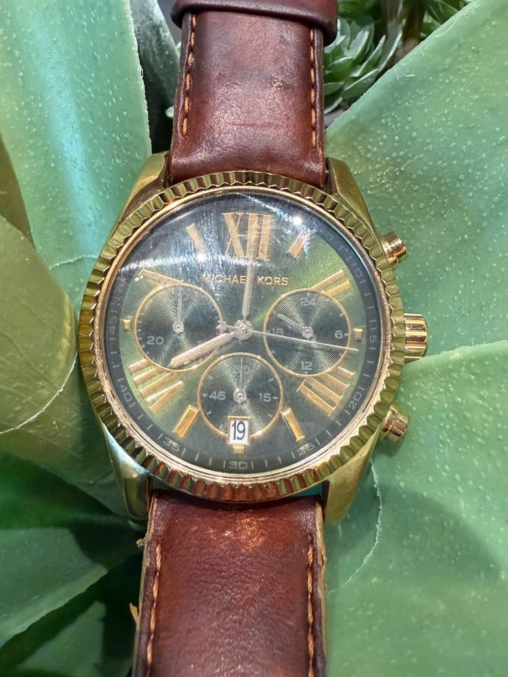Michael Kors MK2437 Green Dial Chronograph Watch | Gold Tone Brown Leather